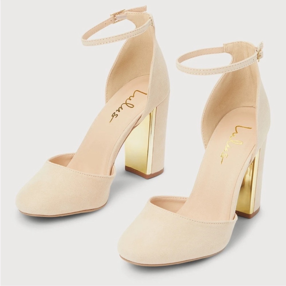 LULUS Laura Light Nude Suede Ankle Strap Chunky Heels Size 5.5 NEW - Picture 15 of 15